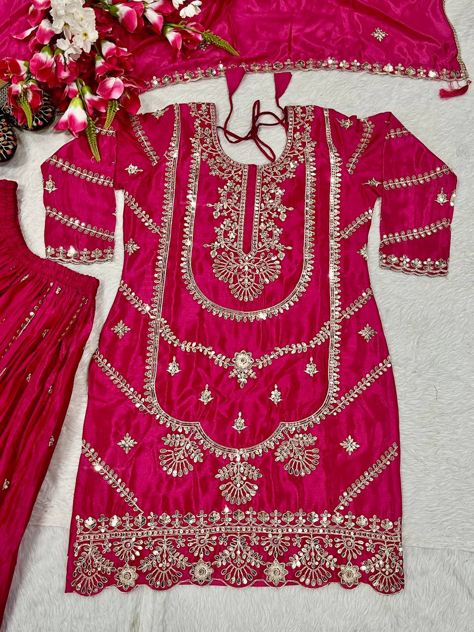 Pure Heavy Chinnon Silk With Heavy Embroidery Coding Sequence Work