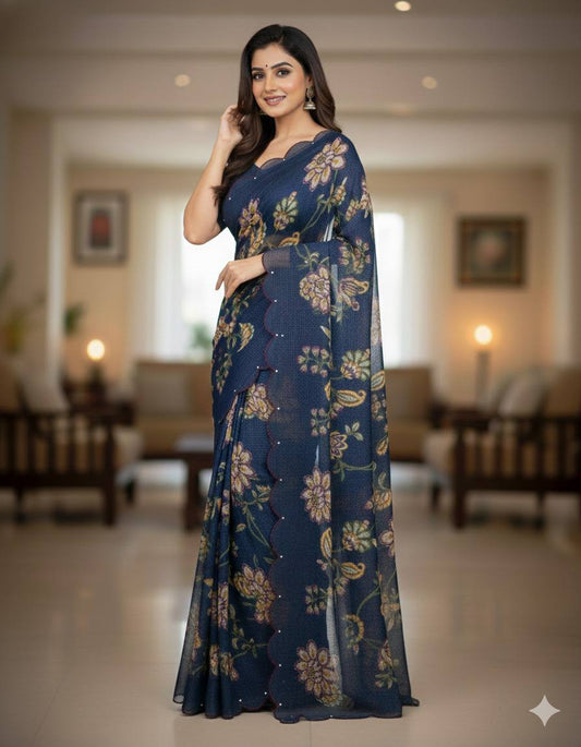 Soft cotton linen with digital print and khatli wok Saree