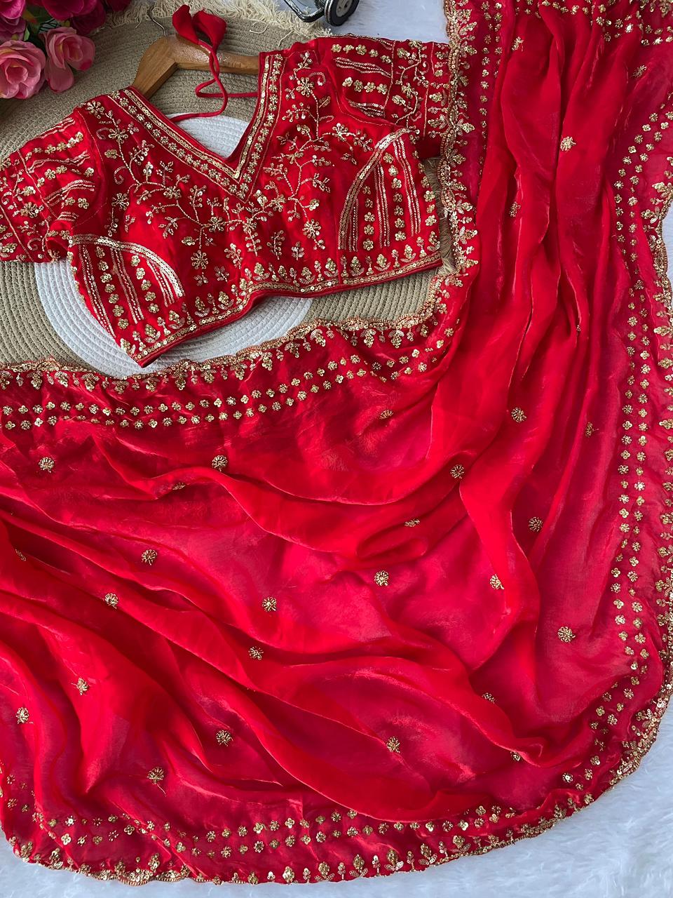 PURE SOFT FANDY SATIN SILK FABRIC IN BEAUTIFUL REAL CUT DANA SAREE