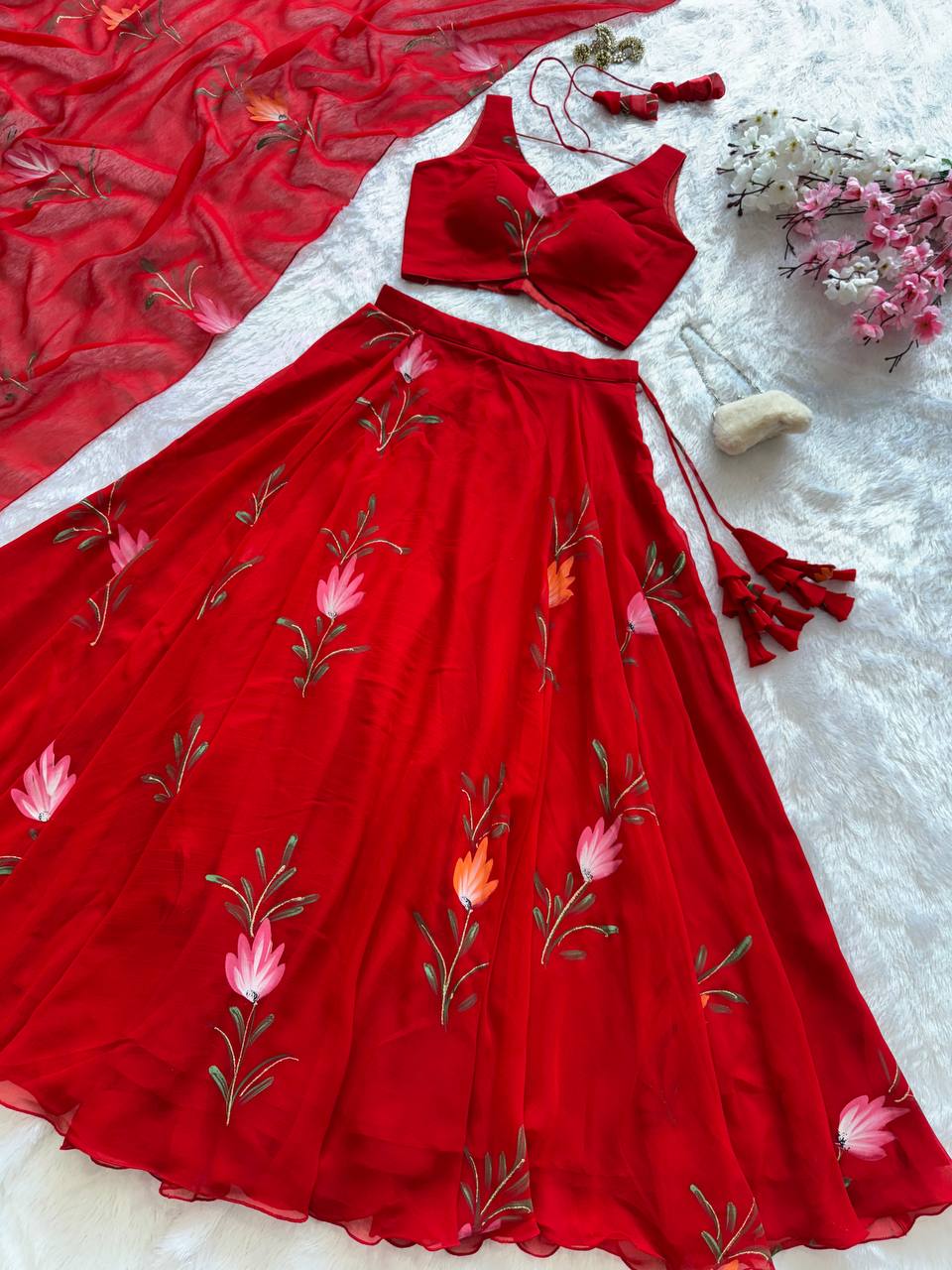 Georgette Handpaint work 8 mtr flair lehnga with canvas patta