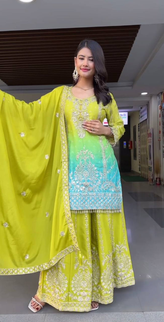 Pure Heavy Chinnon Silk With Heavy Embroidery Coding Sequence Work Plazzo