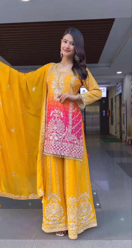 Pure Heavy Chinnon Silk With Heavy Embroidery Coding Sequence Work Plazzo