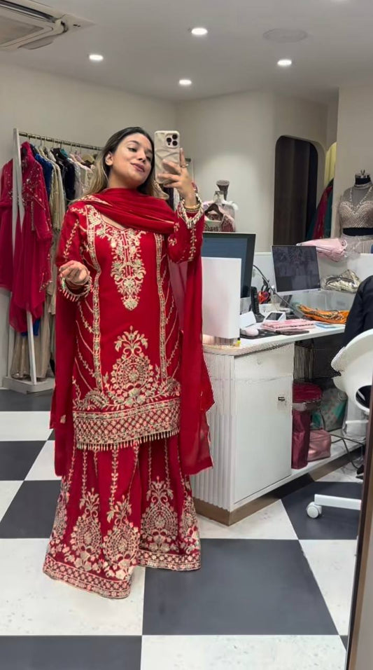 Pure Heavy Chinnon Silk With Heavy Embroidery Coding Sequence Work Plazzo