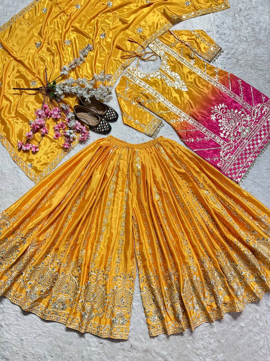 Pure Heavy Chinnon Silk With Heavy Embroidery Coding Sequence Work Plazzo