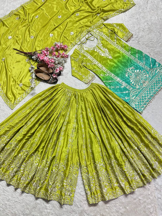 Pure Heavy Chinnon Silk With Heavy Embroidery Coding Sequence Work Plazzo