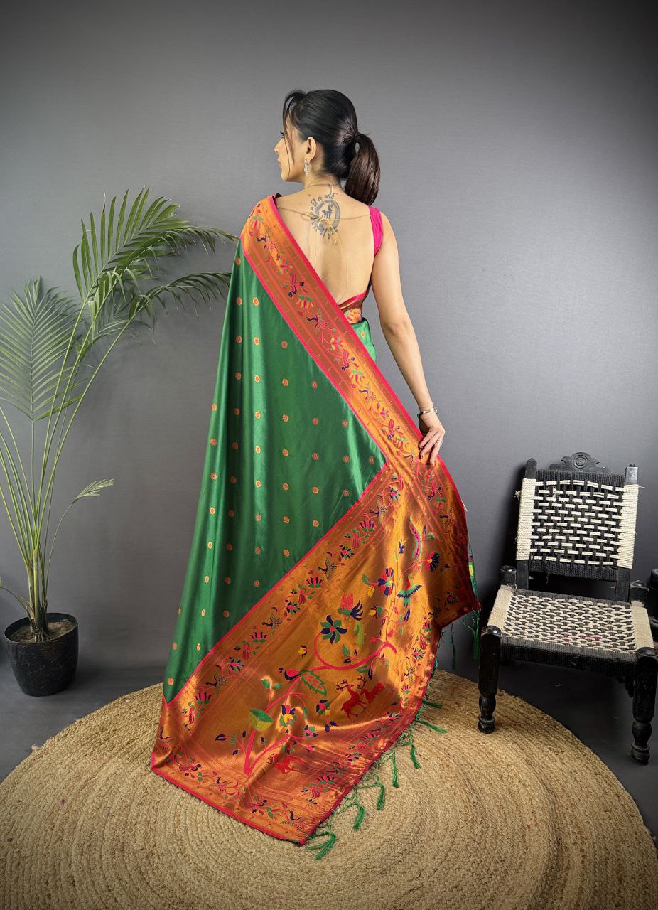 Beautiful pure soft banarasi silk with peacock & deer designer Pallu Saree