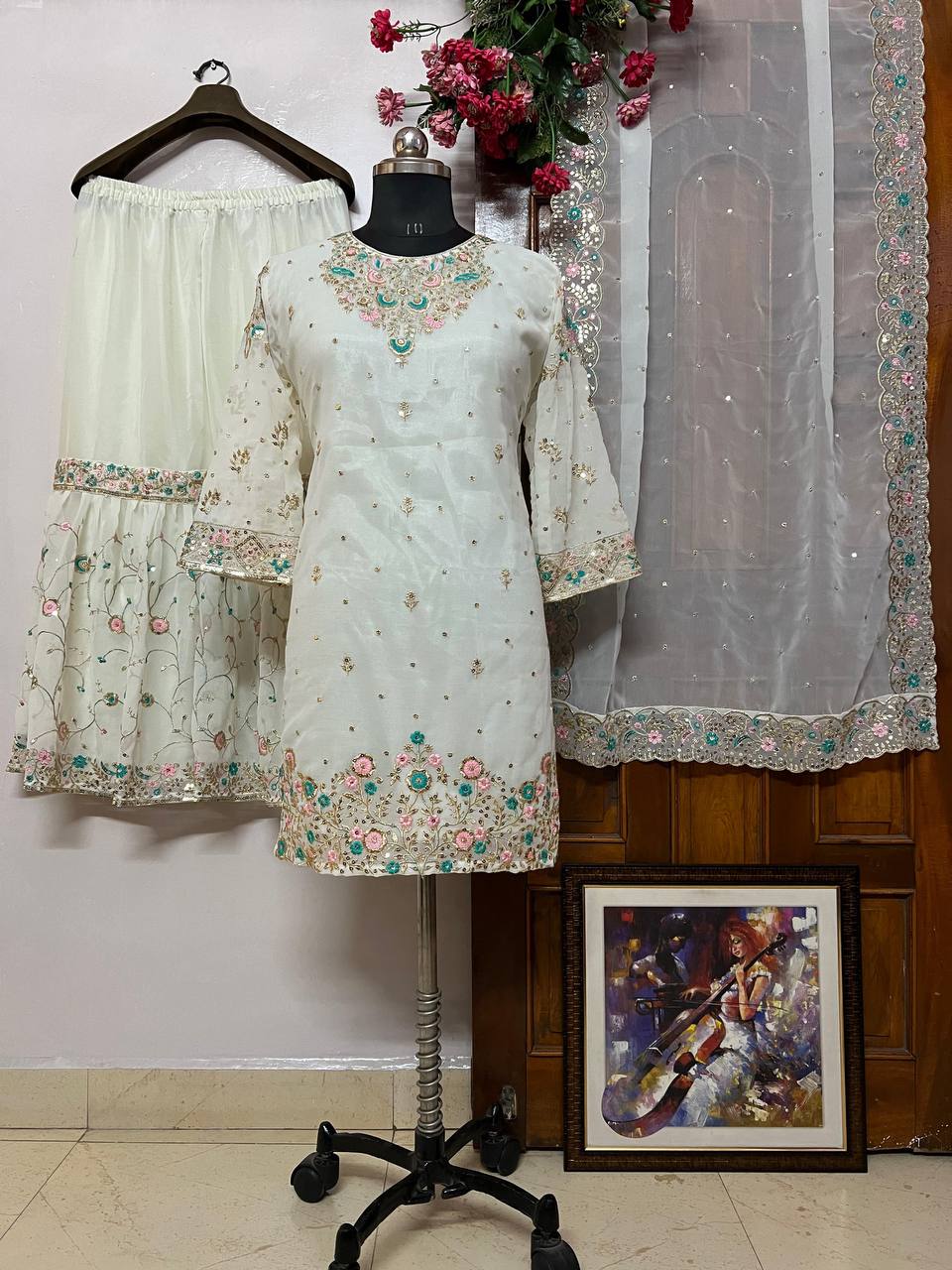 NEW KURTI-SHARARA SET IN GEORGETTE WITH BEAUTIFUL SEQUINS & THREAD EMBROIDERY WORK