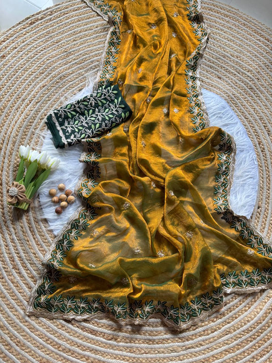 Rich Fandy silk blend fabric with a subtle sheen saree