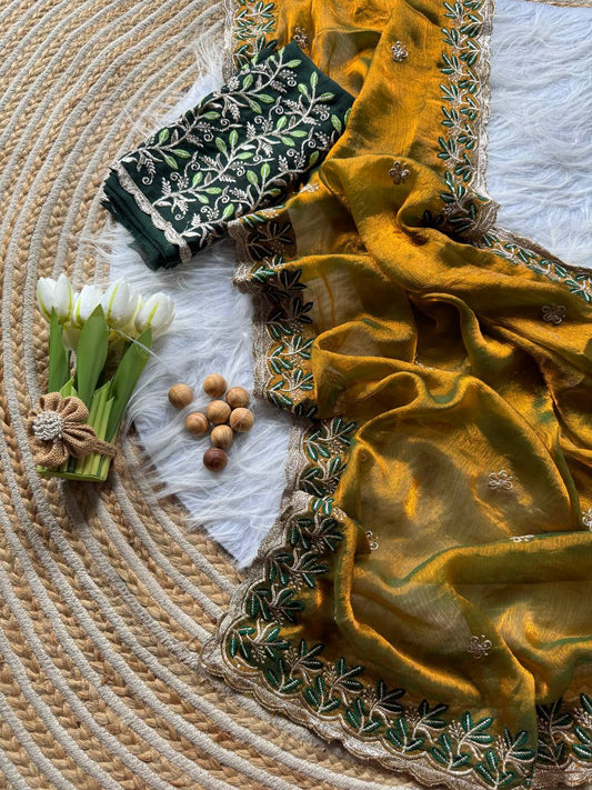 Rich Fandy silk blend fabric with a subtle sheen saree