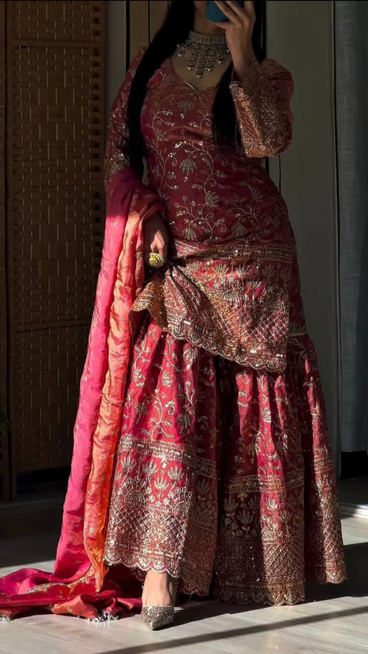 Launching New Designer Party Wear Look Top Sharara Plazzo and Dupatta