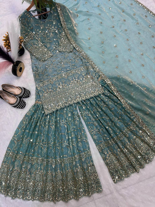 Launching New Designer Party Wear Look Top Sharara Plazzo and Dupatta