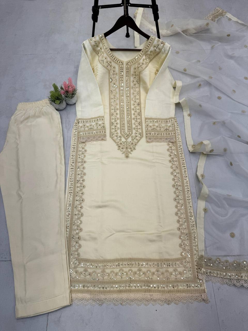 DESIRABLE FANCY ROMAN SILK SEQUENCE EMBROIDERED COTTON WORK SUIT