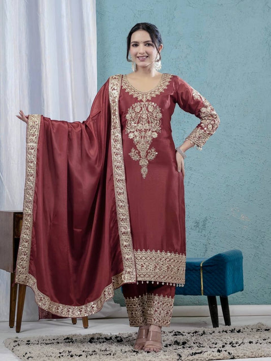 Pure Heavy Chinnon Silk With Heavy Embroidery Suit