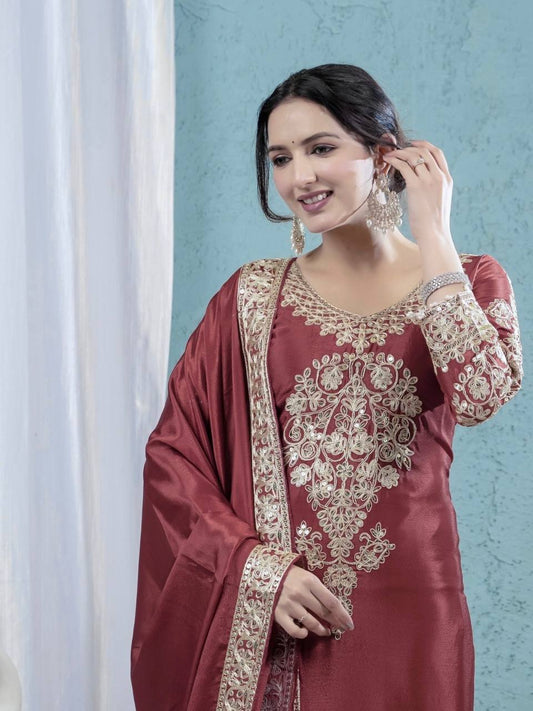 Pure Heavy Chinnon Silk With Heavy Embroidery Suit