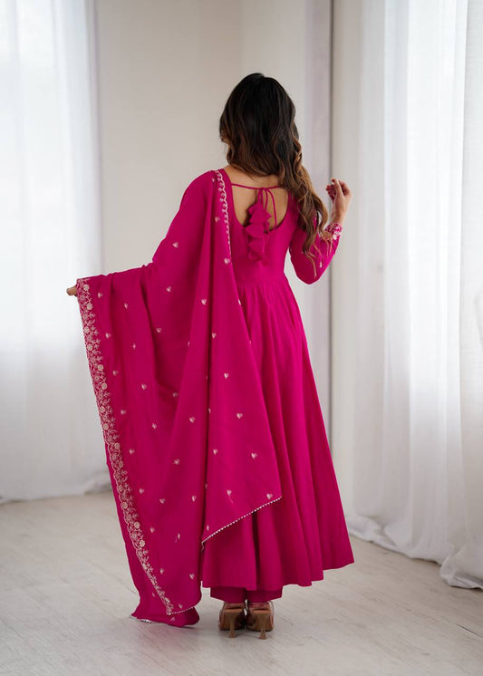 HEAVY PURE ROMAN CHANDERI SILK FABRIC GOWN