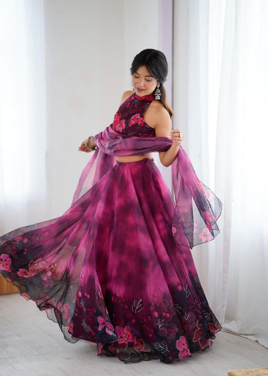 Pure Organza digital Print Jari work lehnga