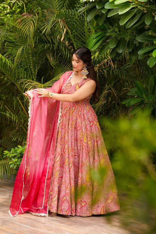 Digital printed organza silk suit