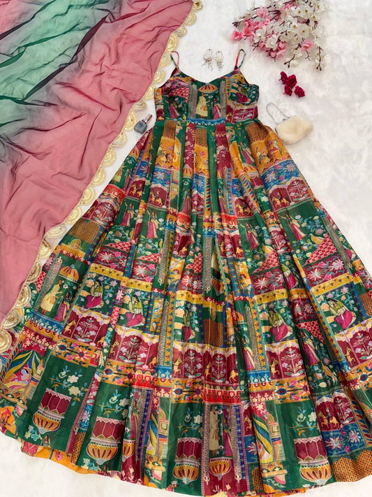 Pure organza silk digital printed padded gown