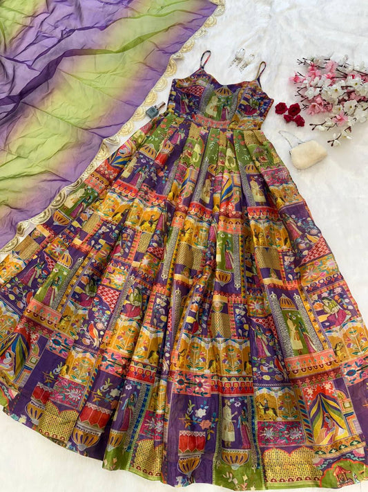 Pure organza silk digital printed padded gown