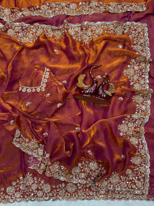 Soft Space silk Beautiful Beads and Sequence Embroidery Work Saree