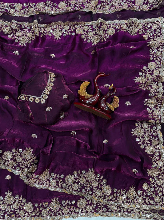 Soft Space silk Beautiful Beads and Sequence Embroidery Work Saree