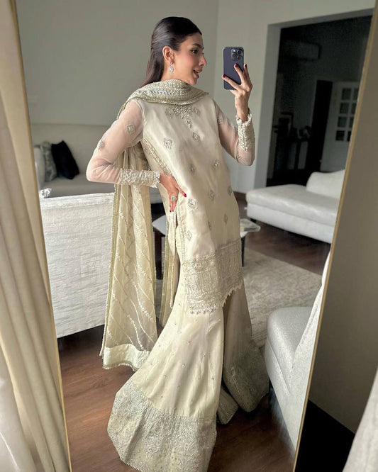 DESIRABLE FANCY CHINON SEQUENCE EMBROIDERED WORK TOP AND PENT WITH DUPATTA