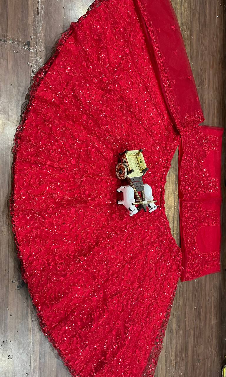 Einführung eines 4 Meter ausgestellten, weichen Lehenga aus Schmetterlingsnetz mit Paillettenstickerei