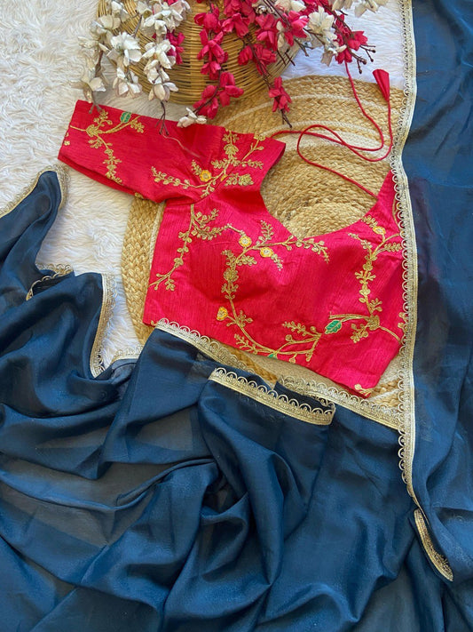 ELEGANT STAR GEORGETTE SAREE WITH STITCHED BLOUSE