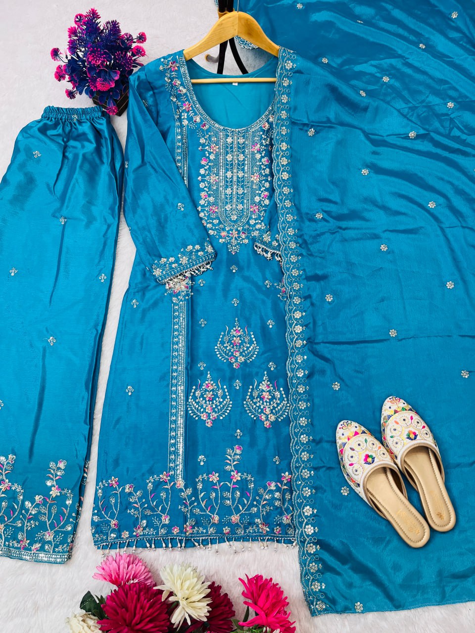 DESIGNER PARTYWEAR OUTFIT ON PURE CHINON EMBROIDERY SEQUENCE TOP