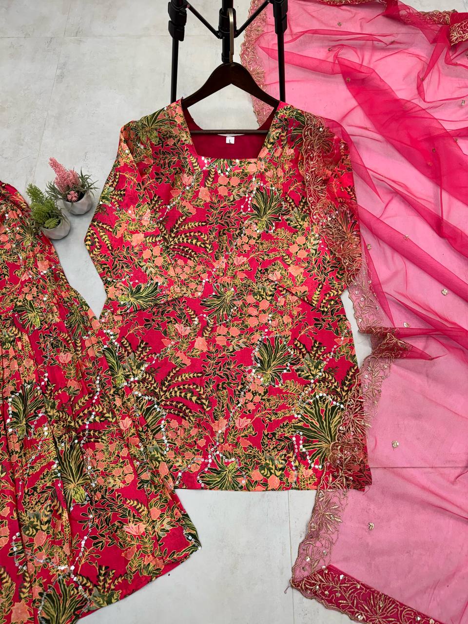 DESIGNER HEAVY CHINON WITH SEQUANCE EMBROIDERY WORK SUIT