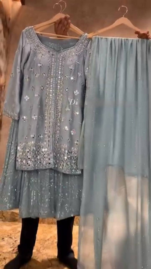 DESIRABLE FANCY GEORGETTE SEQUENCE EMBROIDERED AND REAL MIRROR WORK