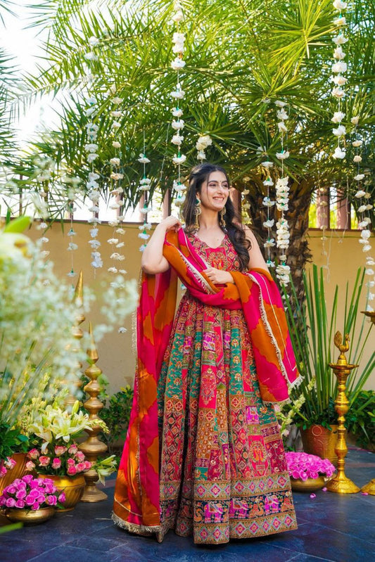 Digital printed Jimmy organza silk suit with huge flair