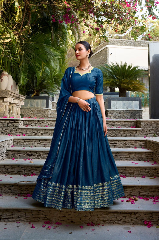 Pure Chanderi Plain With Zari Weaving Work Border Lehenga