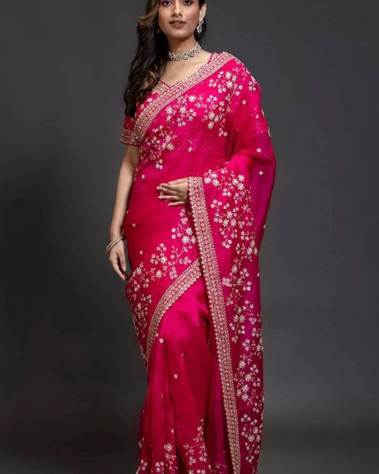 Orgenza silk fabric with Thread and sequence c pallu embroidery work Saree