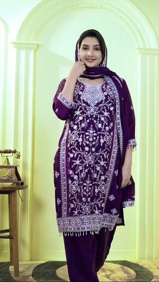 NEW DESIGN WEAR SEQUENCE EMBROIDERY TOP AND FARSI PLAZZO WITH DUPATTA