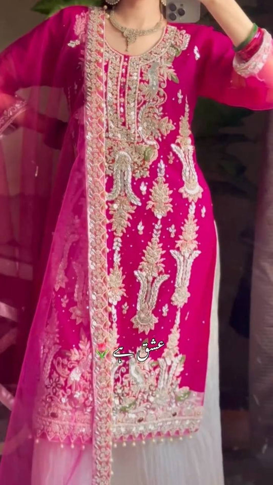 2025 EID FANCY FAUX GEORGETTE SEQUENCE EMBROIDERED WORK TOP AND PENT WITH DUPATTA