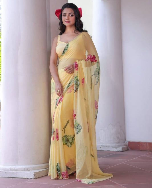 Premium Tabby orgenza silk with digital print and khatli work saree