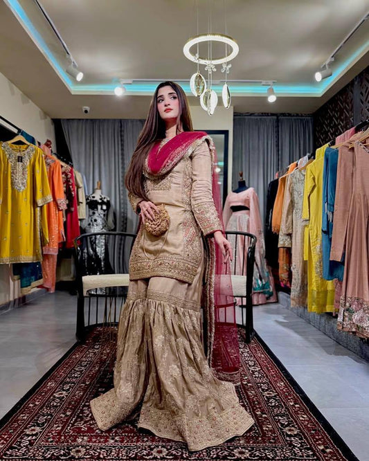 NEW KURTI-SHARARA SET IN CHINON SILK WITH BEAUTIFUL SEQUINS & THREAD EMBROIDERY WORK