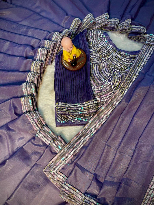 Heavy Choklate Georgette with Kat dana bits work piping lace border saree