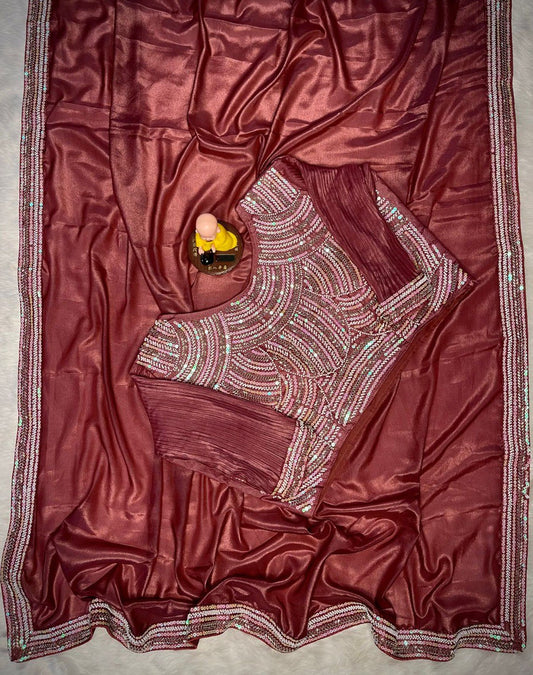 Heavy Choklate Georgette with Kat dana bits work piping lace border saree