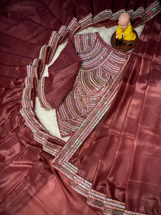 Heavy Choklate Georgette with Kat dana bits work piping lace border saree