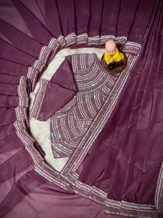 Heavy Choklate Georgette with Kat dana bits work piping lace border