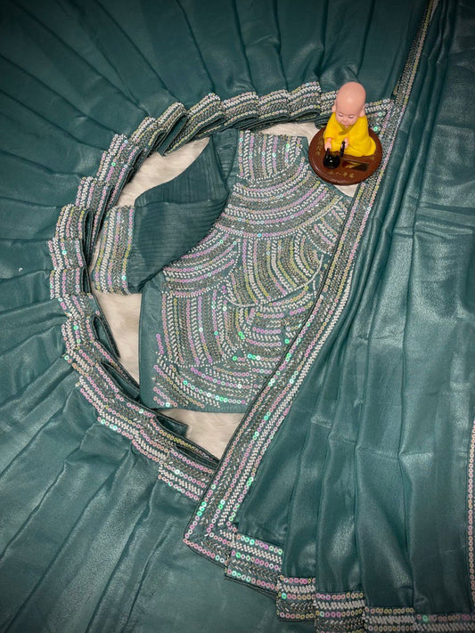 Heavy Choklate Georgette with Kat dana bits work piping lace border