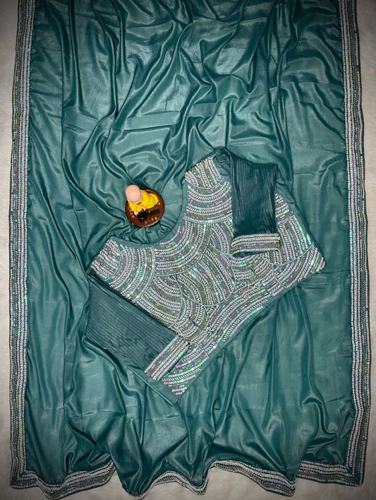 Heavy Choklate Georgette with Kat dana bits work piping lace border