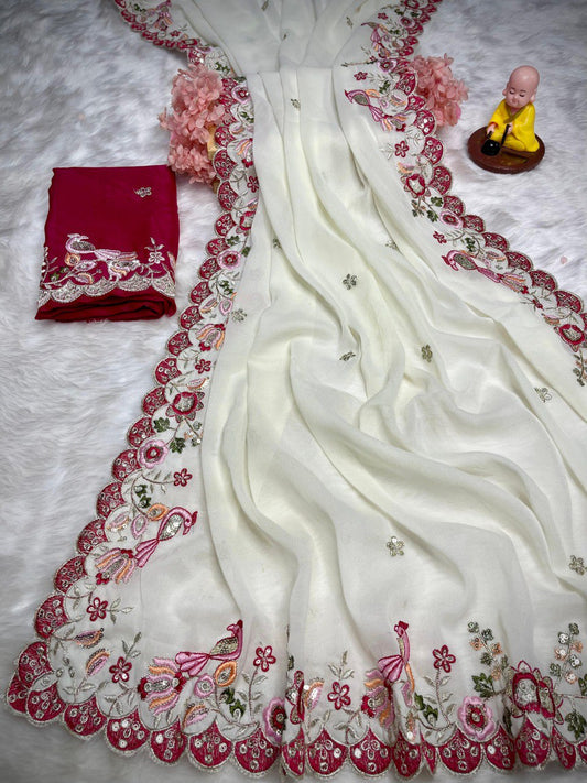 Premium Star Georgette with c pallu embroidery work saree