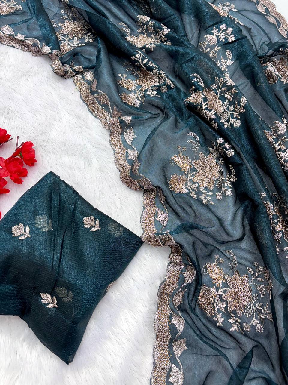 Unveil timeless charm with our floral embroidered organza sarees