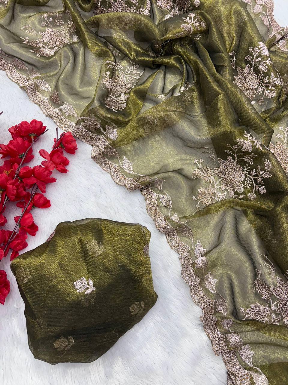 Unveil timeless charm with our floral embroidered organza sarees