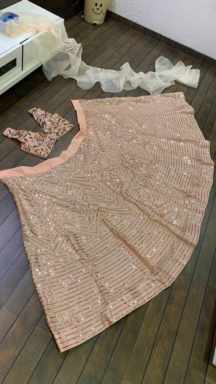 Kasturi Seidenlehnga mit Zari & Sequenzarbeit mit 3 Meter Flair Lehenga