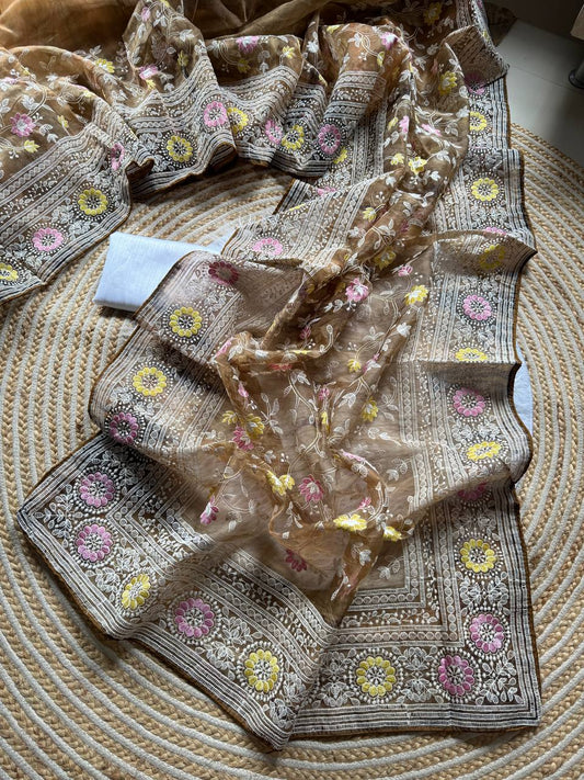 Organza printed Saree With Kashmiri Thread Work Saree