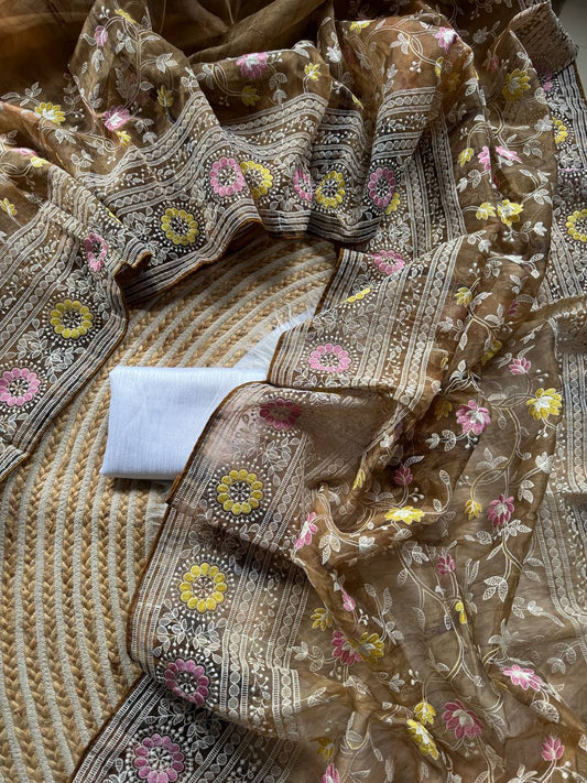 Organza printed Saree With Kashmiri Thread Work Saree